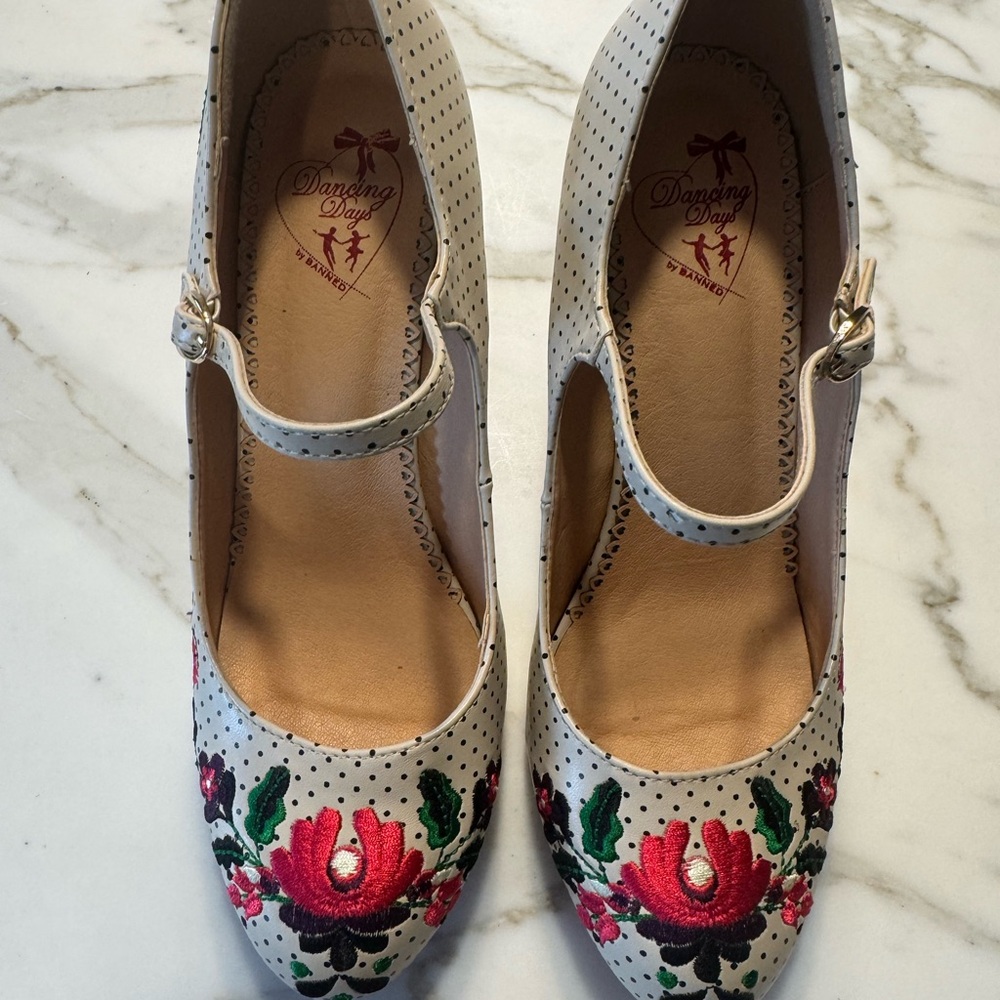 Dancing Days White Floral Embroidered Mary Jane Heels